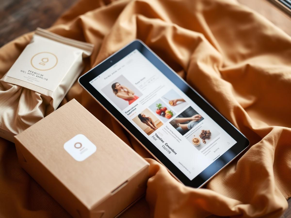 Prémium bio termékcsomagolás tablettel, amin a webshop látszik